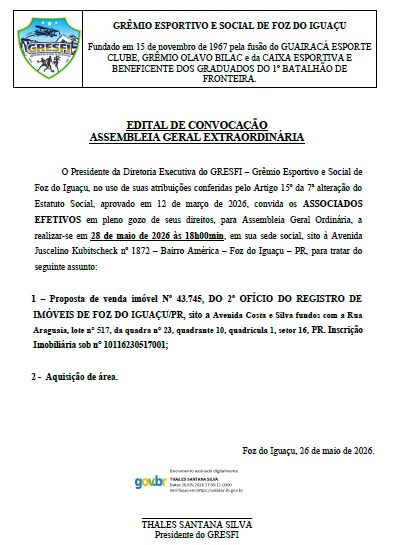 Convocação: Assembleia Geral Extraordinária do GRESFI
